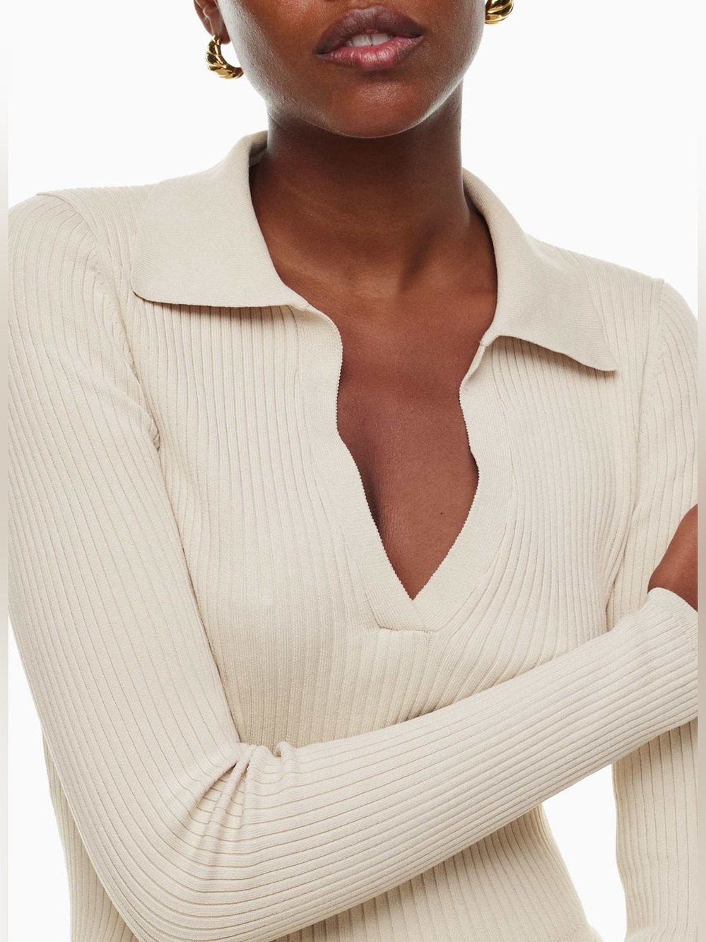 Aritzia Ribbed V-Neck Polo Sweater Top in Cream
